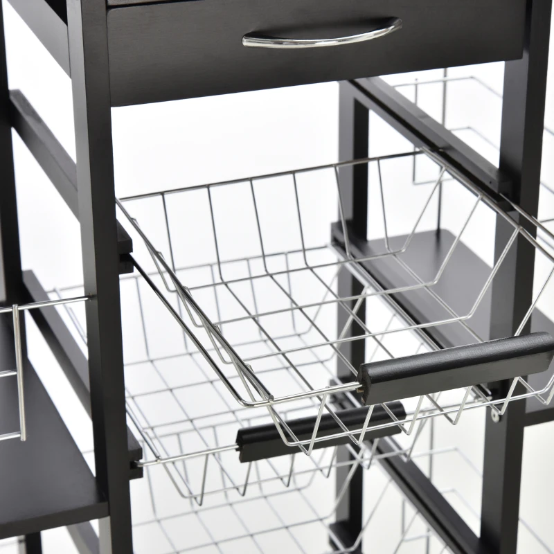 HOMCOM Carrello da Cucina con Cassetto, 4 Cesti di Frutta Estraibili e Piano in Ceramica, Carrello Cucina Salvaspazio con 4 Ripiani Laterali in Legno di Pino e Metallo, 57x37x83 cm, Nero