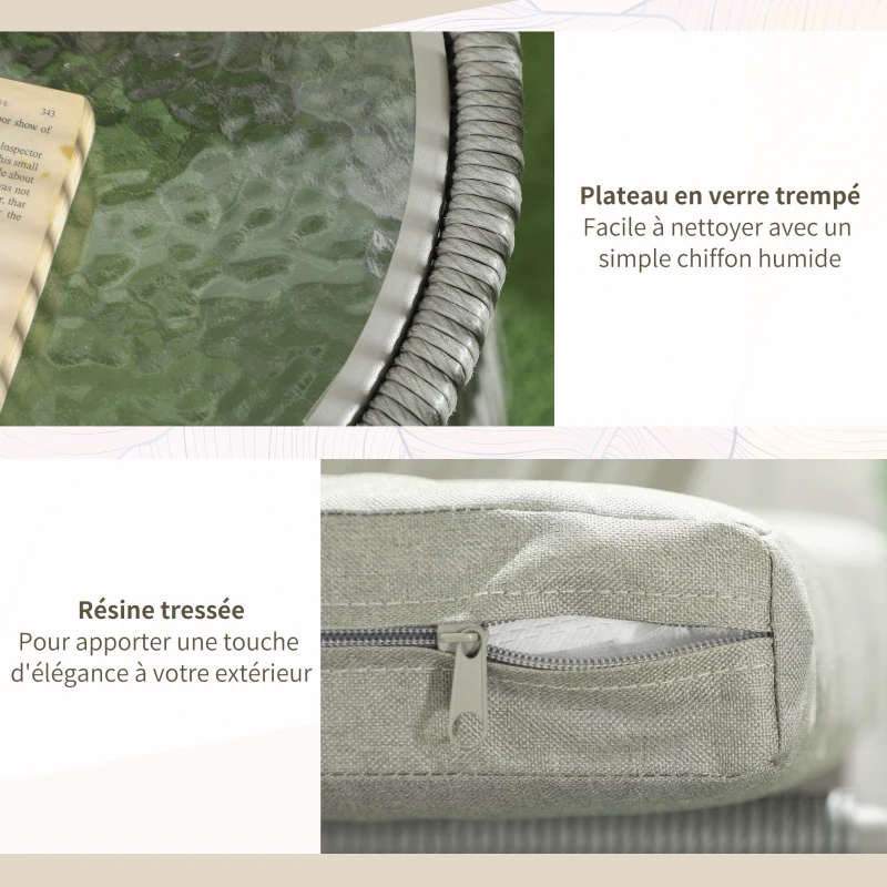 Outsunny Ensemble salon de jardin 3 pièces style colonial 2 fauteuils avec coussins gris table basse résine filaire acier époxy