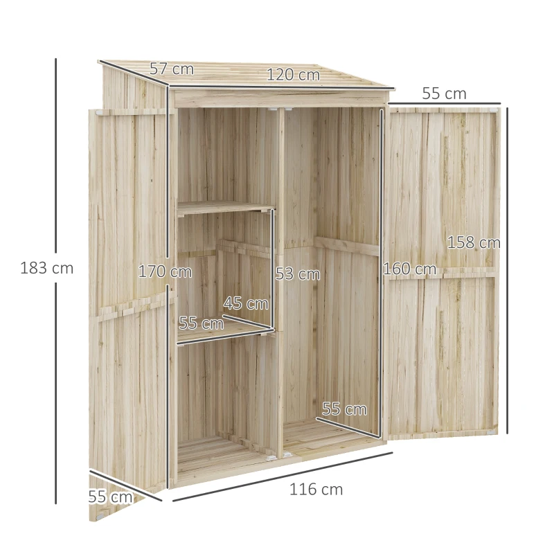 Outsunny Armoire de jardin armoire de rangement en bois 2 étagères 2 portes toit incliné 120 x 57 x 183 cm bois naturel(m-3)