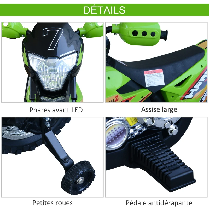 HOMCOM Motocross électrique 35 W Enfant 3 à 6 Ans dim. 109L x 52,5l x 70,5H cm roulettes Amovibles Vert