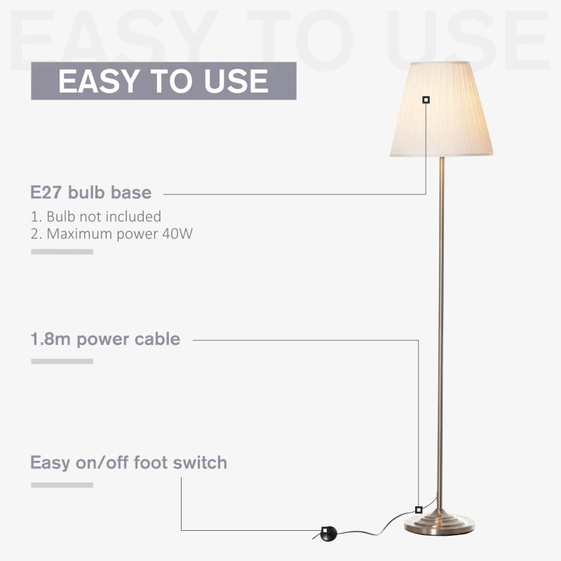 HOMCOM Modern Steel Floor Lamp with Pleated Fabric Lampshade Floor Switch, Home Style Standing Light for Living Room, Bedroom, Office, 164cm, White and Silver