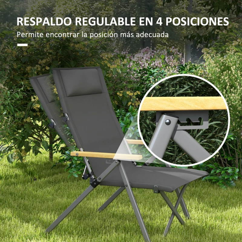 Outsunny Silla de Camping Plegable de Aluminio Respaldo Ajustable Reposabrazos de Madera Bolsa de Transporte 74x59,5x98 cm Gris