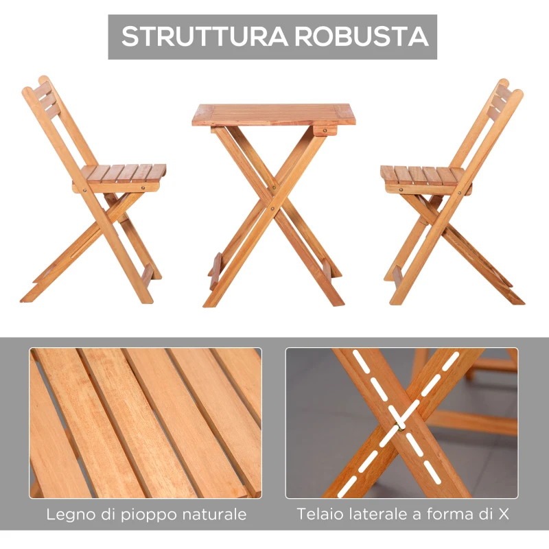 Outsunny Set 3 Pz Tavolo e Sedie da Giardino Pieghevoli e Salvaspazio in Legno di Pioppo