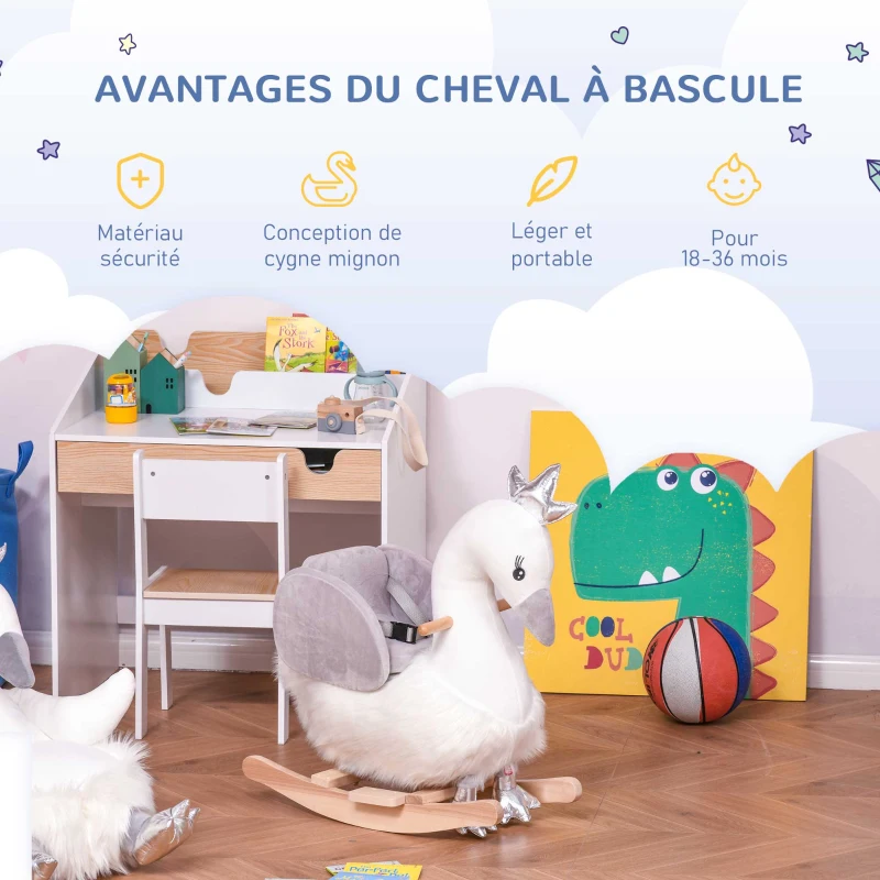 HOMCOM Cheval à Bascule modèle Cygne Fonction Musicale Selle Grand Confort Peluche Courte Douce Bois peuplier Blanc et Gris dim. 60L x 33l x 59H cm