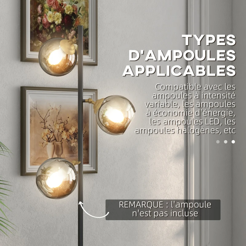 HOMCOM Lampadaire sur pied salon en métal avec 3 abat-jours globe métal chromé 40W Ø 36 x 162H cm noir et gris