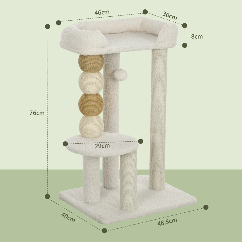 PawHut Torre per Gatti con Lettino, Piattaforma e Pallina Giocattolo, in Legno, Peluche e Iuta, 48.5x40x76 cm, Beige