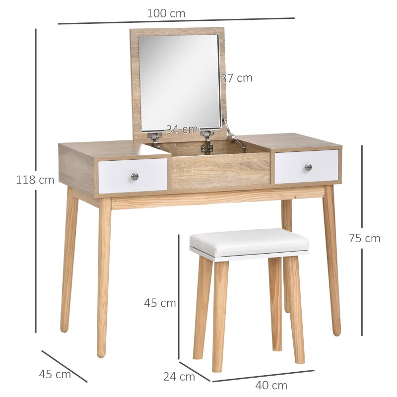 HOMCOM Tavolo da Trucco Moderno con Specchio Estraibile, Organizer Gioielli, 2 Cassetti e Sgabello, Color Legno
