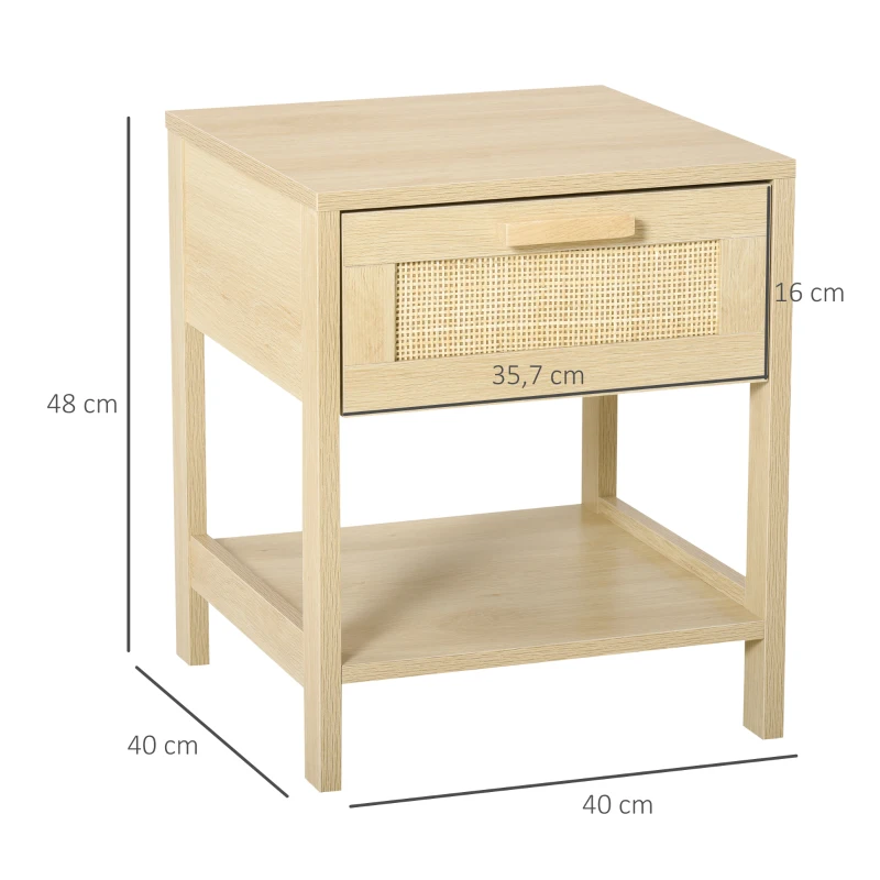 HOMCOM Table de chevet table de nuit avec tiroir et étagère, cannage en rotin, dim. 40L x 40l x 48H cm aspect bois naturel clair
