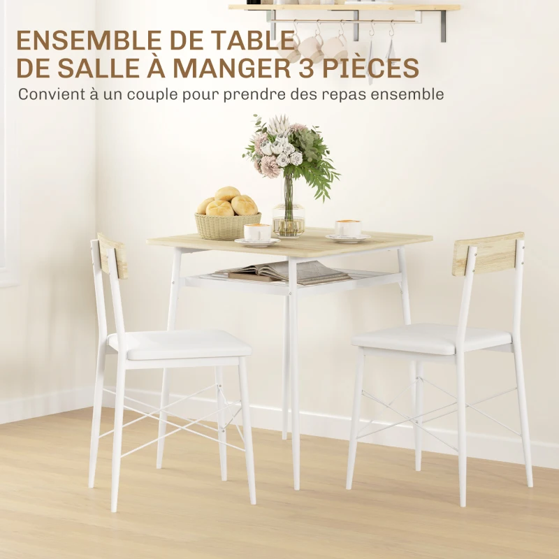 HOMCOM Ensemble table et chaises, table de cuisine avec chaises, structure en acier, avec 2 chaises encastrables, blanc chêne