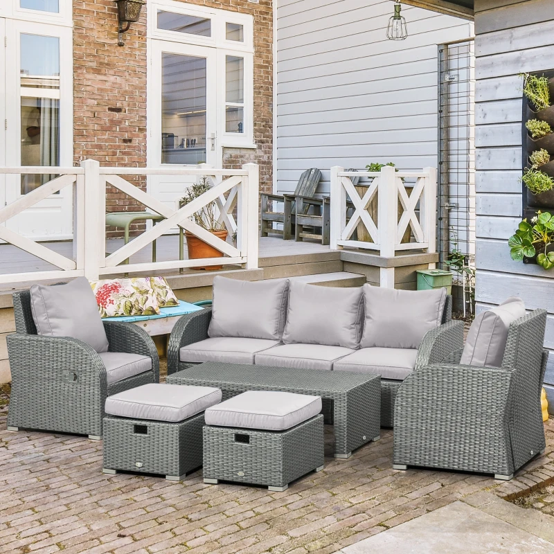 Outsunny Six-piece Outdoor Rattan Dining Set, Outdoor Sofa Set with Reclining Armchairs and Mental Frame, Grey