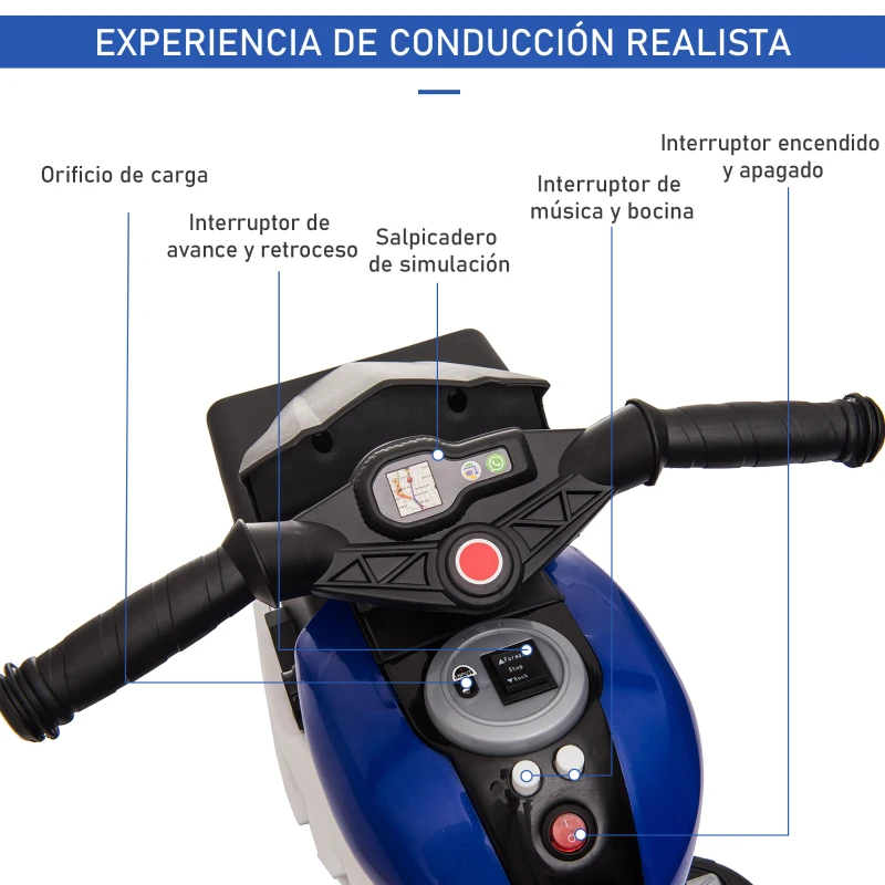 HOMCOM Moto Eléctrica Infantil con Luces Bocina Música Neumáticos Anchos Moto para Niños con Velocidad 3 km/h Azul