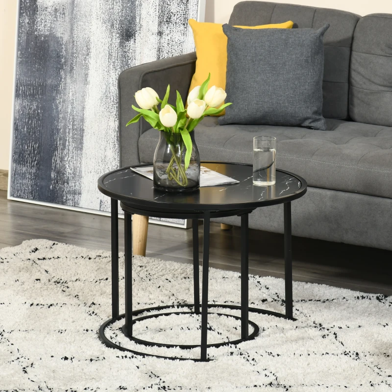 HOMCOM Juego de 2 Mesas Auxiliares Redondas Apilables Mesas Nidos con Encimera en Efecto de Mármol Ø60x46 cm y Ø40x40 cm Negro