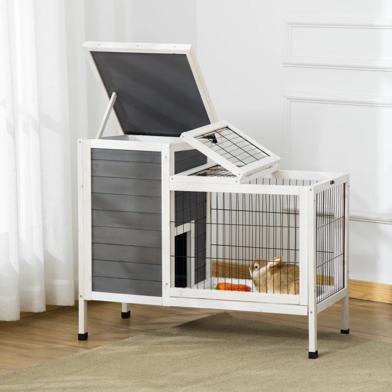 PawHut Clapier sur pieds cage à lapin avec niche intérieure plateau excrément coulissant porte supérieure 92L x 51l x 76H cm gris blanc