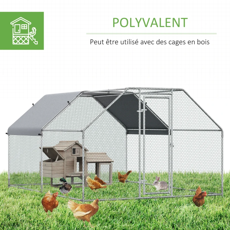 PawHut Enclos poulailler chenil 10,64 m² - parc grillagé dim. 3,8L x 2,8l x 1,95H m - espace couvert - acier galvanisé