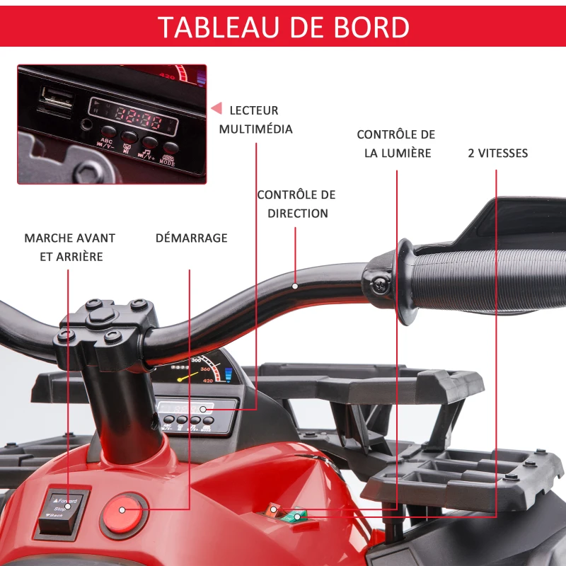 HOMCOM Quad Buggy électrique Enfant 12 V 8 Km/h Max. Voiture électrique Enfant avec Effets Lumineux sonores Selle avec Dossier Porte-Bagage Avant métal PP Rouge Noir(m-5)
