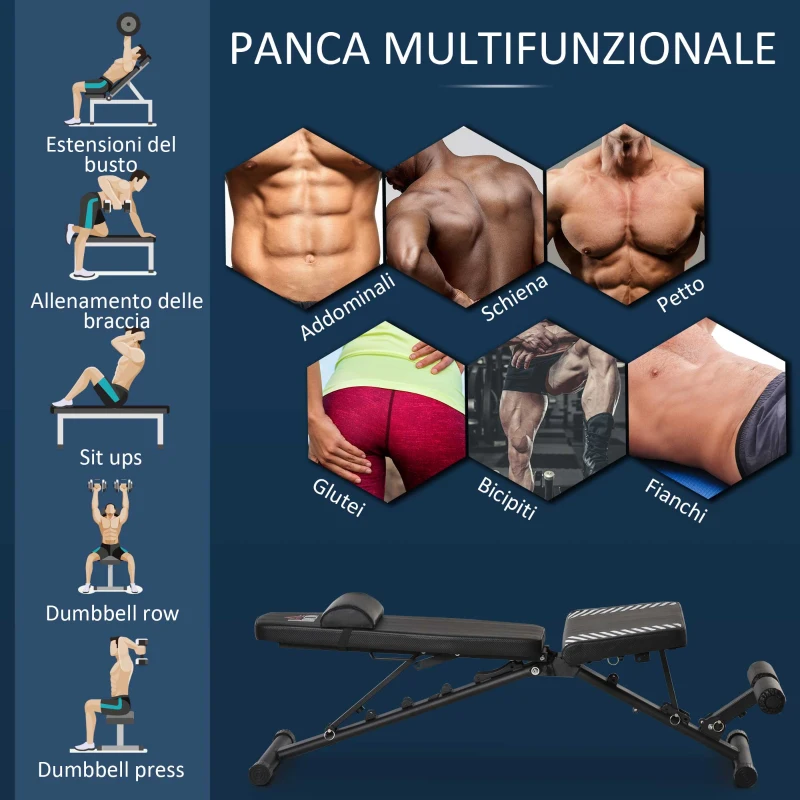 HOMCOM Panca Pesi Multifunzione per Palestra, Pieghevole e Regolabile 145x55x41-114cm - Nero