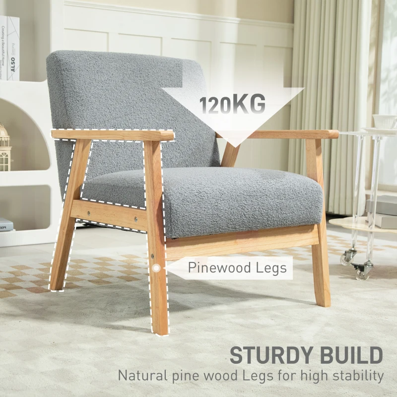 HOMCOM Modern Armchair, Cashmere Upholstered Sofa with Solid Wood Legs and Wide Seat, Accent Chair for Living Room Bedroom Office, Grey