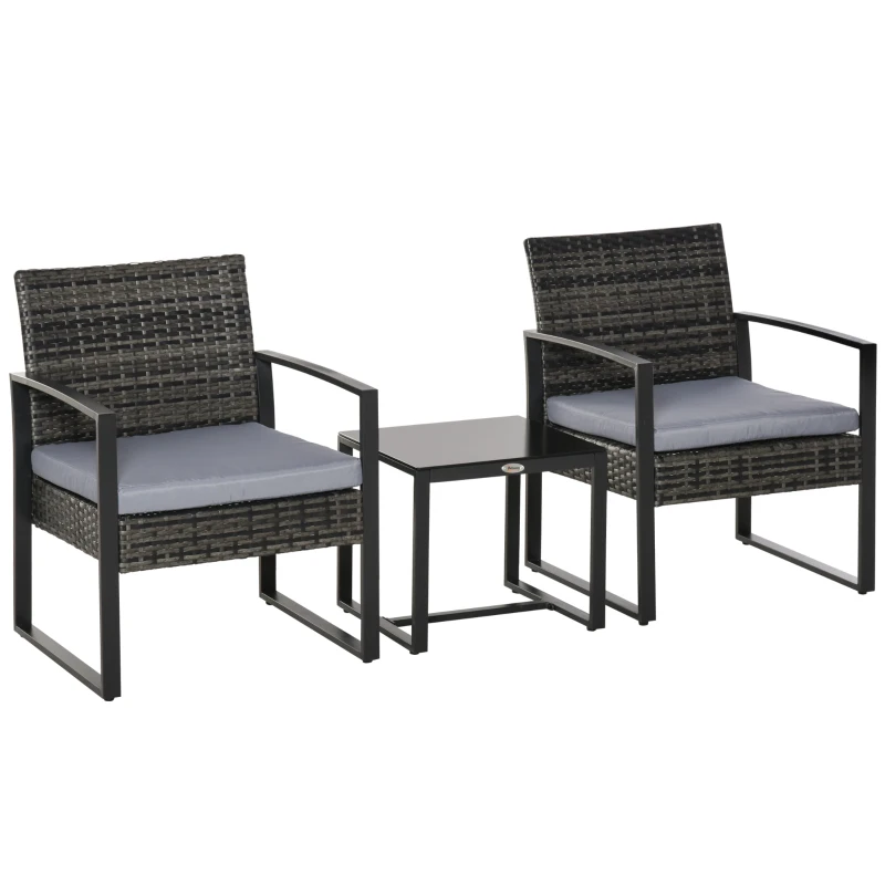 Outsunny Conjunto de Mesa y Sillas de Jardín para Exterior Incluye 2 Sillones y 1 Mesa de Centro de Vidrio Gris