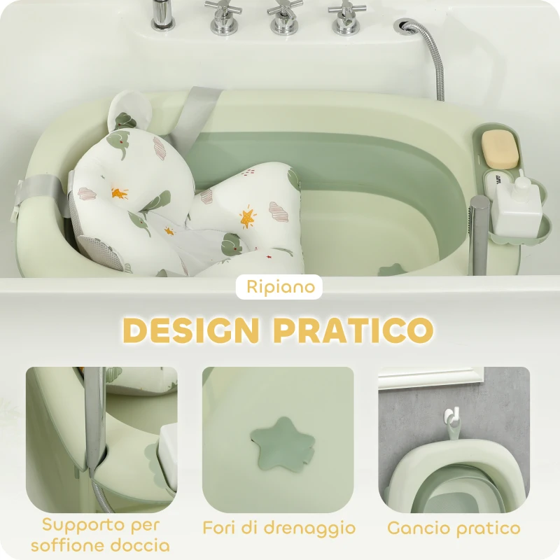 AIYAPLAY Vaschetta Bagnetto Pieghevole per Neonati con Cuscinetto e Lavabo, in Plastica Antiscivolo, 86x53x25.5 cm, Verde