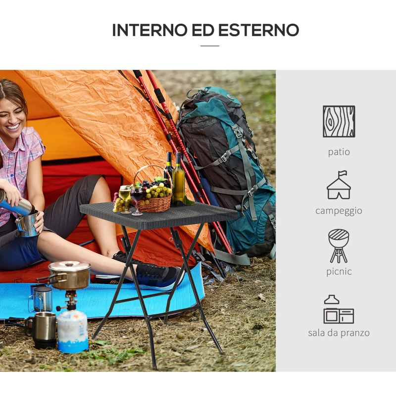 Outsunny Tavolo Pieghevole da Esterno o Campeggio, in Metallo e HDPE Impermeabile, Nero e Marrone, 60 x 60 x 74 cm