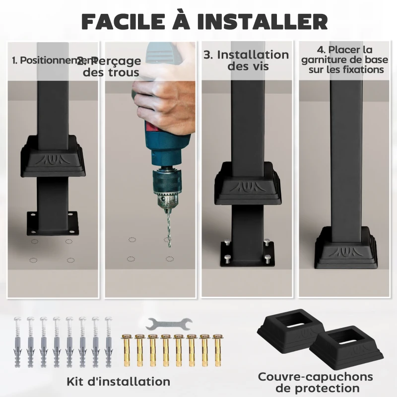 Outsunny Rampe d'escalier 1 à 3 marches garde-corps pour escalier réglable 0-45° avec kit d'installation 71 x 8 x 148 cm noir