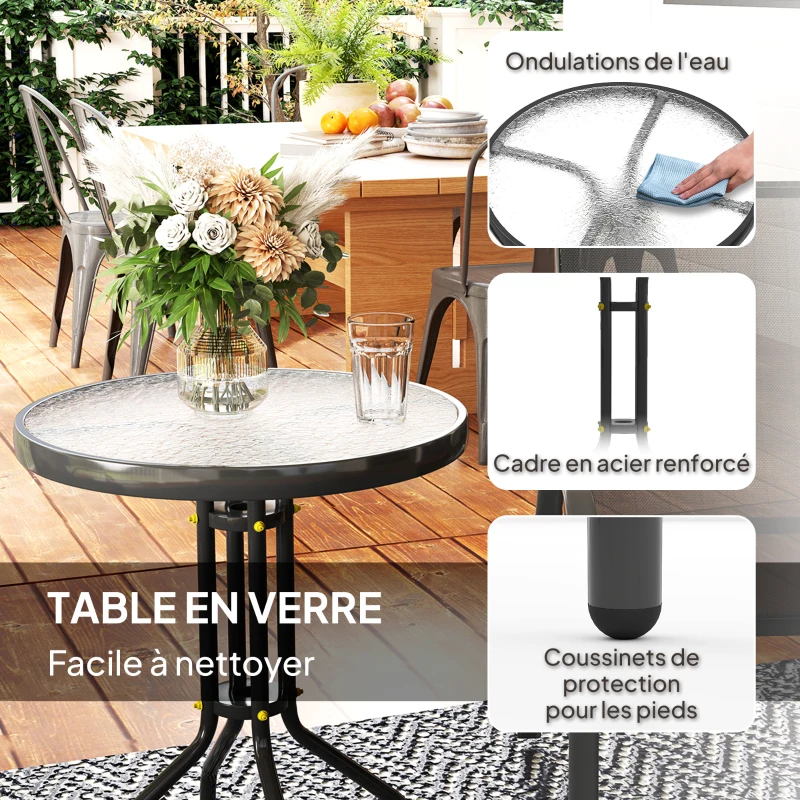 Outsunny 3 pièces salon de jardin extérieur ensemble de meubles 2 fauteuils empilables table basse dessus en verre trempé noir
