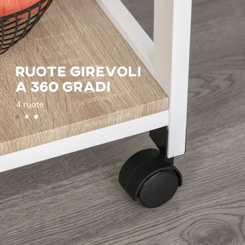 HOMCOM Carrello da Cucina Salvaspazio in Legno di Pino e MDF, Carrello Portaoggetti con Cassetto, Cestello, 2 Vassoi e 4 Ruote Universale, 37x37x82cm, Bianco