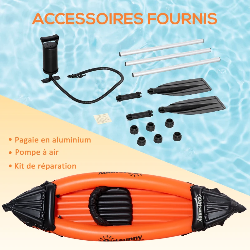Outsunny Canoé kayak gonflable 1 personne avec gonfleur et rame en aluminium, orange