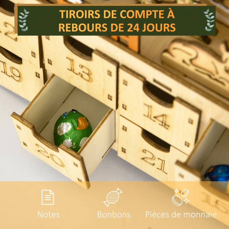 HOMCOM Calendrier de l'Avent LED en forme de village enneigé avec 24 tiroirs décoration lumineuse de Noël beige