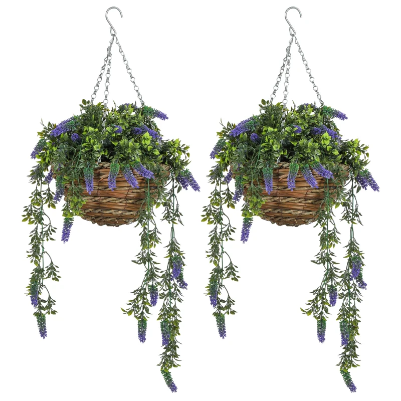 HOMCOM Set of 2 Decorative Artificial Plants, Faux Silk Lavender Flowers in Hanging Baskets, Fake Plants for Home Indoor Outdoor Decor, Purple