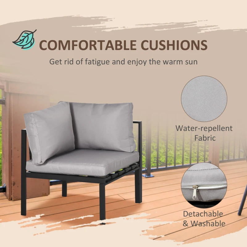 Outsunny 5 Seater Garden Corner Sofa Set, 4 Pieces Metal Garden Furniture Set with Loveseats, Glass Top Coffee Table, Breathable Mesh Pocket, Outdoor Conversation Furniture with Cushions, Light Grey