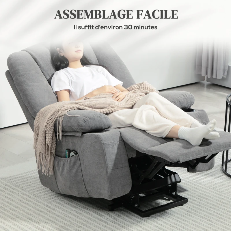 HOMCOM Fauteuil releveur relax électrique, fonction massage et chaleur, inclinaison réglable, repose-pied, télécommandes, gris