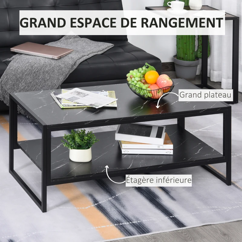 HOMCOM Table Basse Style Moderne avec 2 Étagères 106 x 50 x 47 cm Noir