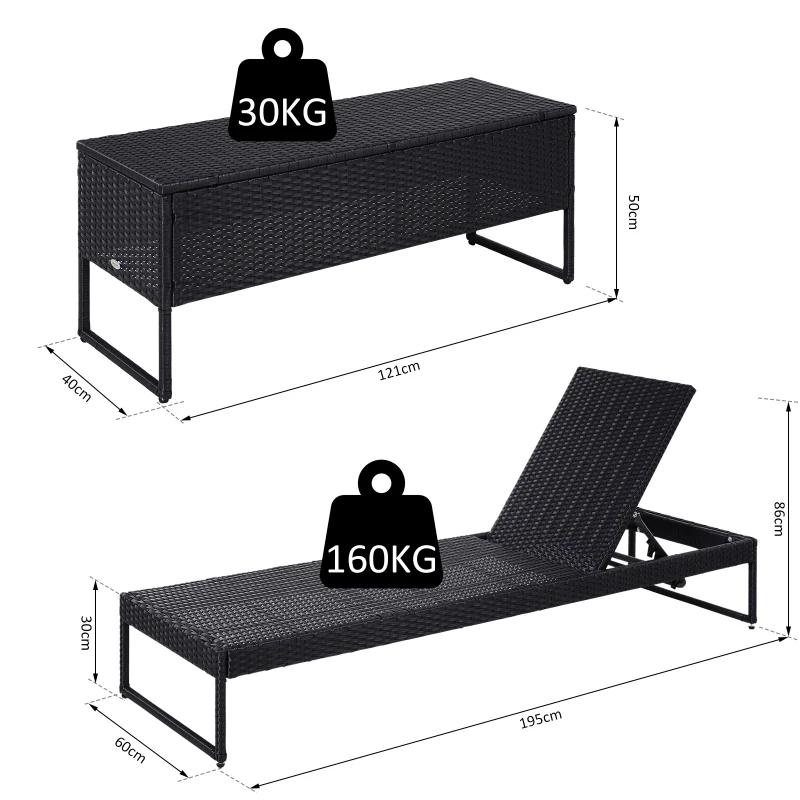 Outsunny Lot de 2 transats bains de soleil design - grand confort - matelas déhoussable crème, inclinaison réglable multi-positions - table basse - résine tressée 4 fils noir