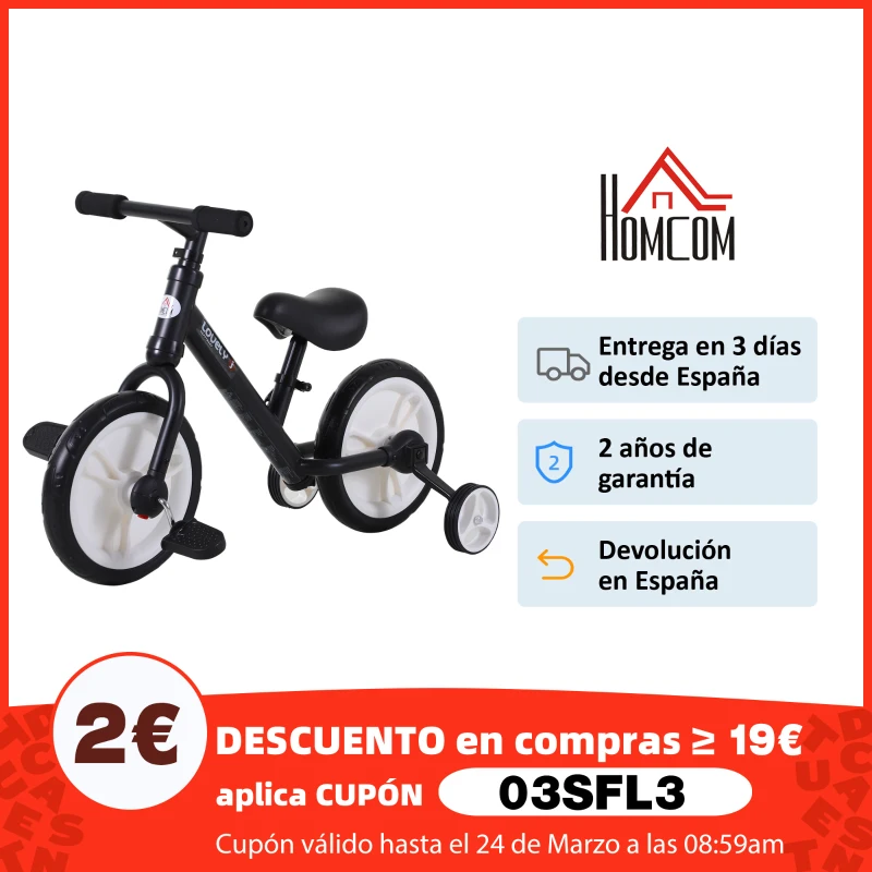 HOMCOM Bicicleta de Equilibrio con Pedales y Ruedas Entrenamiento Extraíbles de Asiento Regulable 33-38cm Niños +24 Meses Carga 25kg Negro