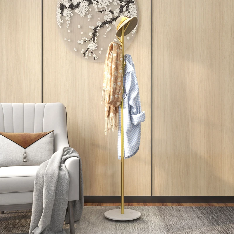HOMCOM Portemanteau 8 patères, base ronde en marbre, Ø 32 x 164H cm, meuble d'entrée pour vêtements, chapeaux, entrée, doré