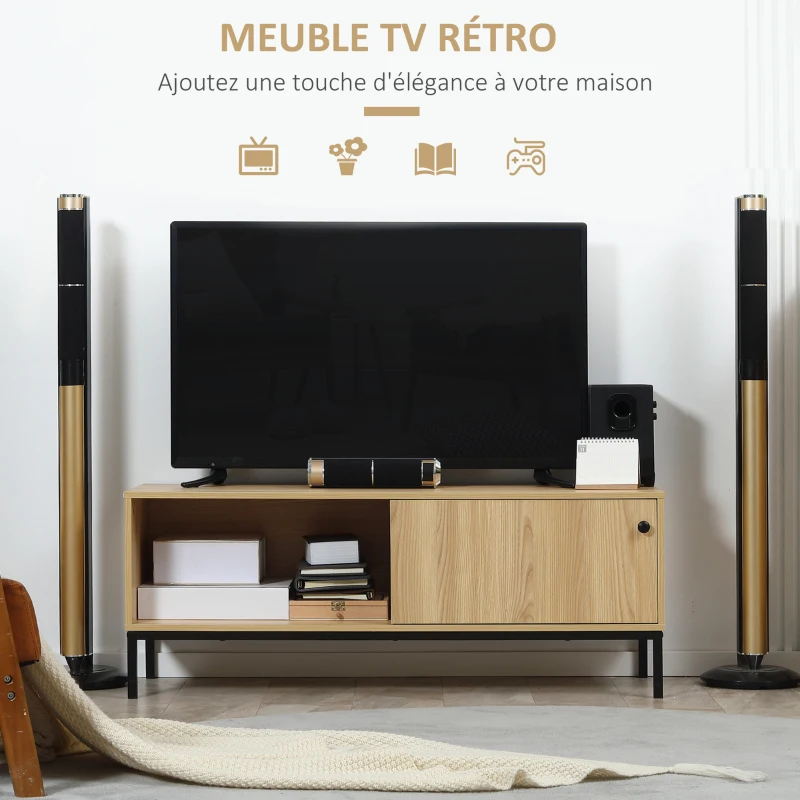 HOMCOM Meuble TV max. 50 pouces 3 compartiments 2 passe-câbles avec porte coulissante - dim. 120L x 39,5l x 46H cm