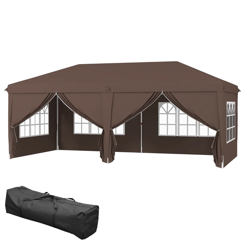 Outsunny 3 x 6 m Garden Pop Up Gazebo, Wedding Party Tent Marquee, Water Resistant Awning Canopy with Sidewalls, Windows, Carry Bag, Coffee