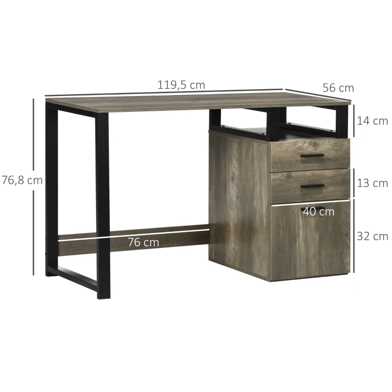 HOMCOM Escritorio de Oficina Mesa de Ordenador con 2 Cajones Marco de Metal para Estudio Despacho 119,5x56x76,8cm Marrón