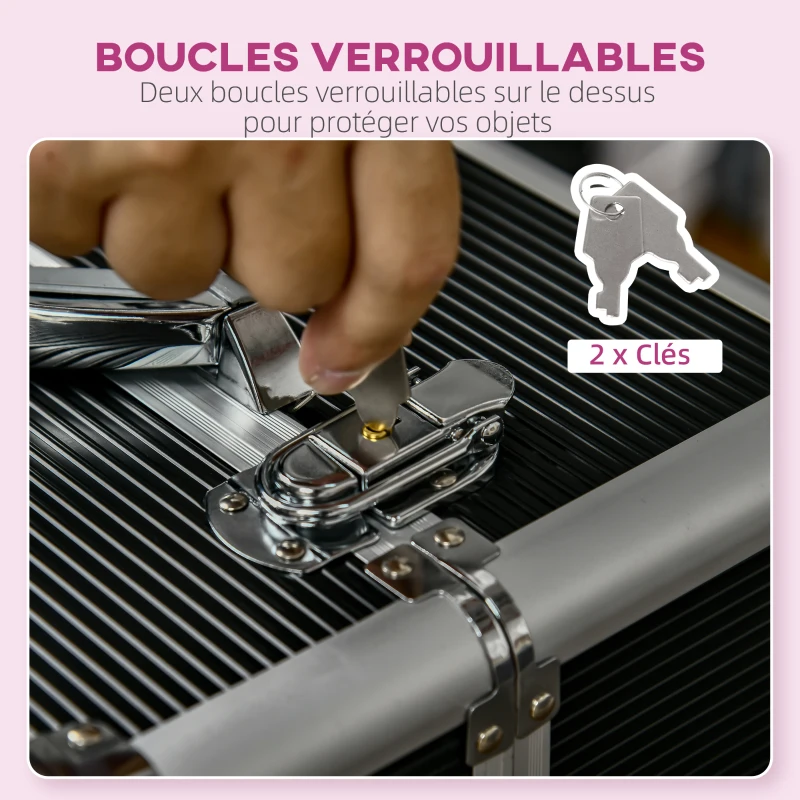 HOMCOM Valise trolley maquillage mallette cosmétique vanity poignée télescopique réglable 36L x 23l x 58H cm alu ABS noir