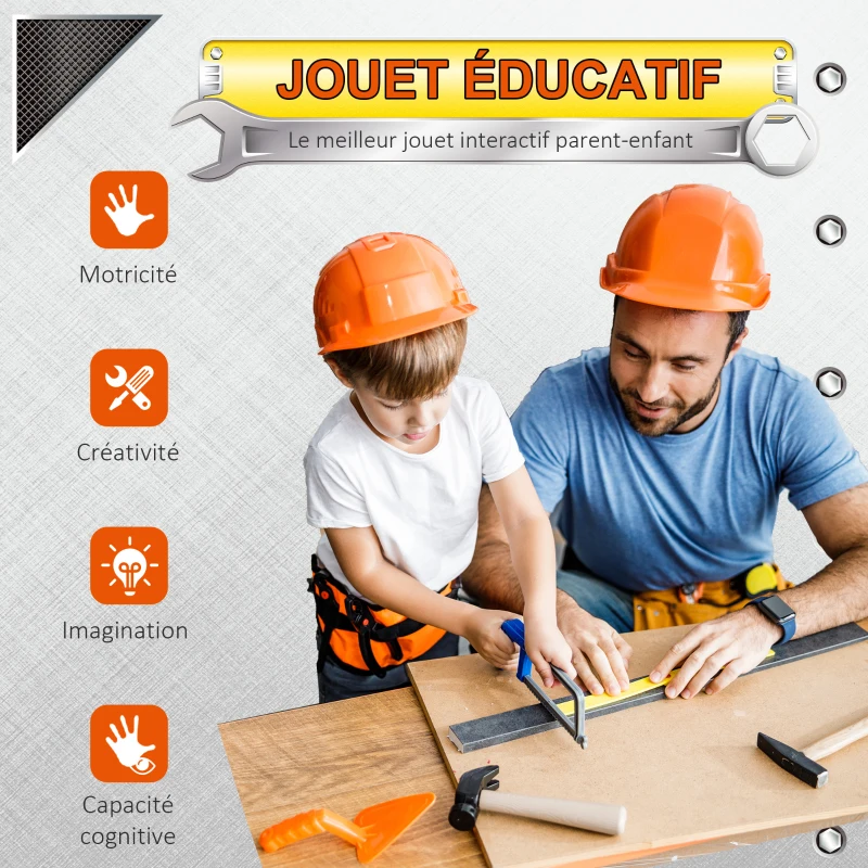 HOMCOM Etabli et Outils pour Enfant - Jeu d'imitation Bricolage - Nombreux Accessoires Plus de 79 pièces & Outils variés - PP Noir Gris
