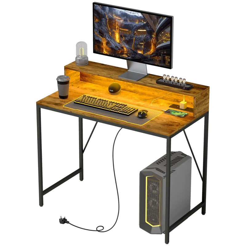 HOMCOM 100cm Computer Desk with LED Lights and Power Outlets, Gaming Desk with Monitor Stand, Computer Table with Remote for Home Office Study, Rustic Brown