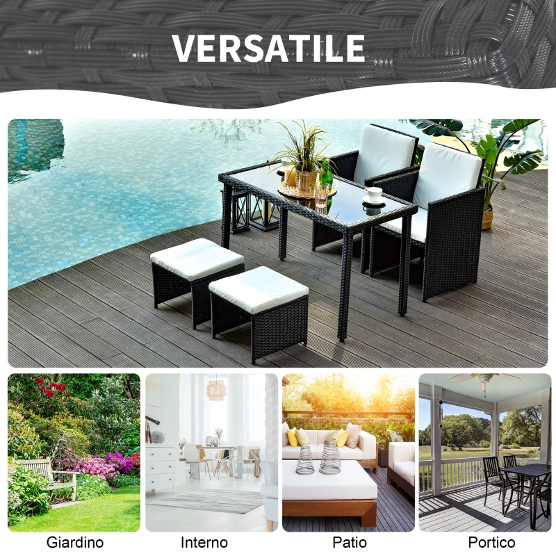 Outsunny Set Mobili da Giardino in Rattan 5 Pezzi Tavolo 2 Sedie 2 Poggiapiedi con Cuscini Combinabili a Rettangolo