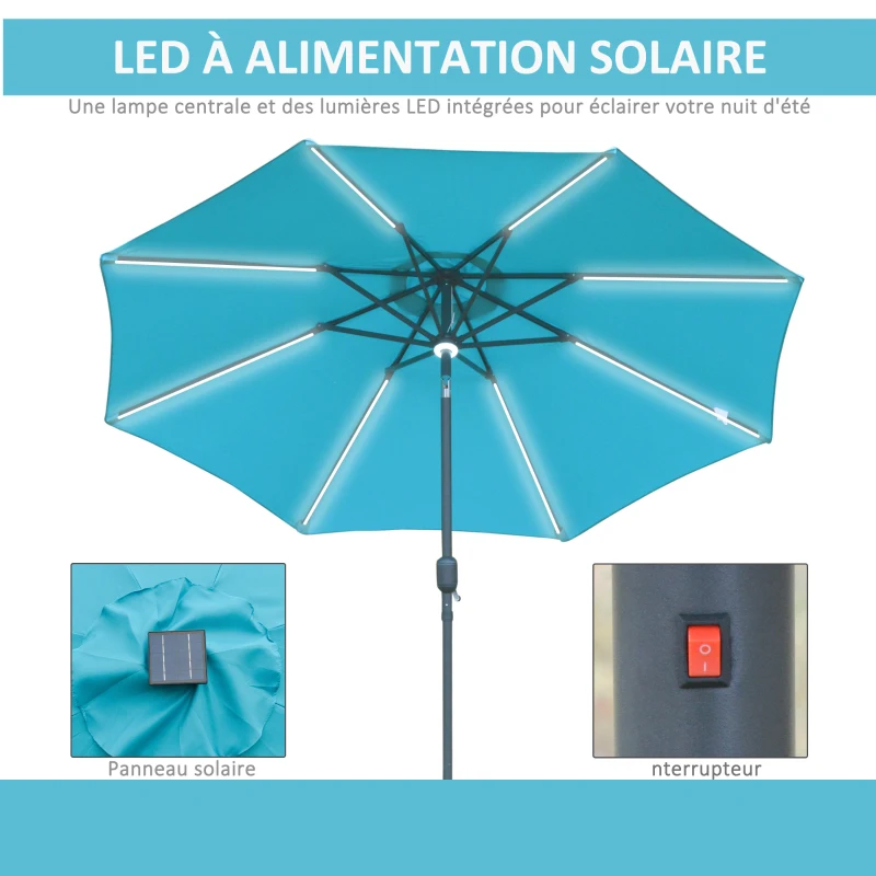 Outsunny Parasol lumineux octogonal inclinable dim. Ø 2,7 x 2,45H m parasol LED solaire métal polyester haute densité bleu turquoise