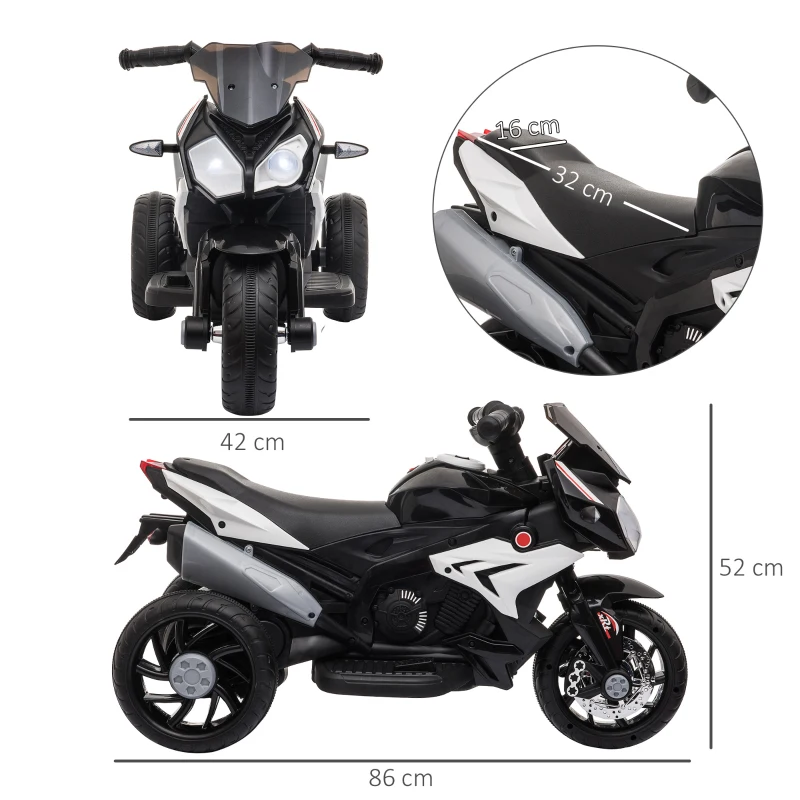 HOMCOM Moto électrique pour enfants, 3 roues, 6 V et 3 km/h, design cool, moto électrique avec klaxon et musiques, voiture électrique enfants de 3 à 5 ans, noir(m-3)