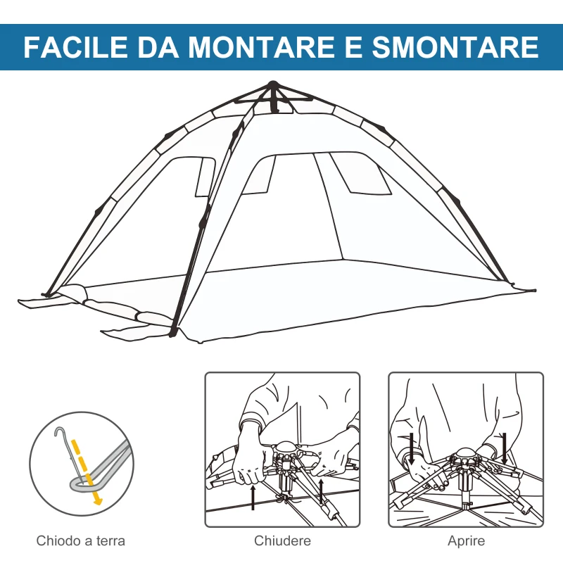 Outsunny Tenda da Spiaggia Pop Up con Porta a Cerniera, in Poliestere e Fibra di Vetro, 220x173x120 cm, Blu Cielo e Grigio