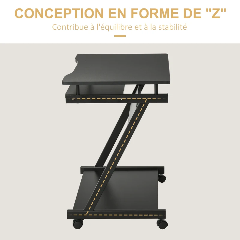 HOMCOM Bureau Informatique Roulant - Bureau Mobile - Table d'ordinateur - Tablette coulissante Clavier + étagère - Noir