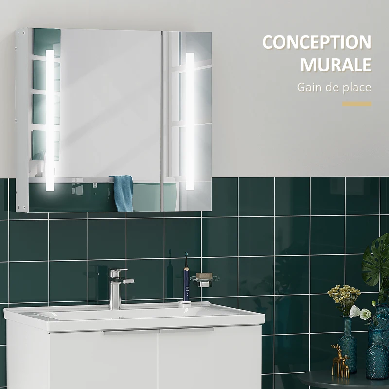 kleankin Armoire murale miroir lumineux LED salle de bain 2 portes avec 3 niveaux 70 x 15 x 65 cm blanc
