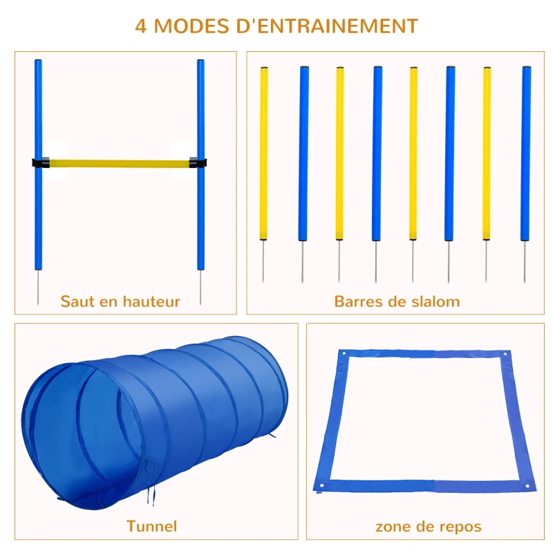 PawHut Agility sport pour chiens équipement complet obstacle, tunnel, slalom, zone repos + sac de transport bleu jaune