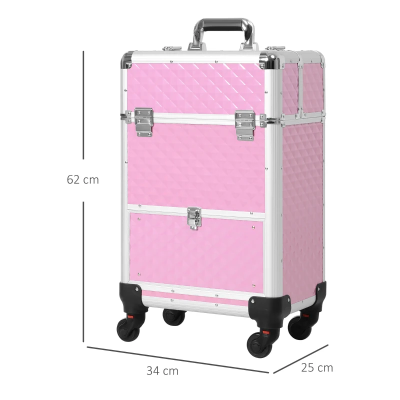 HOMCOM Maletín de Maquillaje Profesional con Cajón Maleta de Maquillaje con Ruedas para Viaje Trabajo 34x25x62 cm Rosa